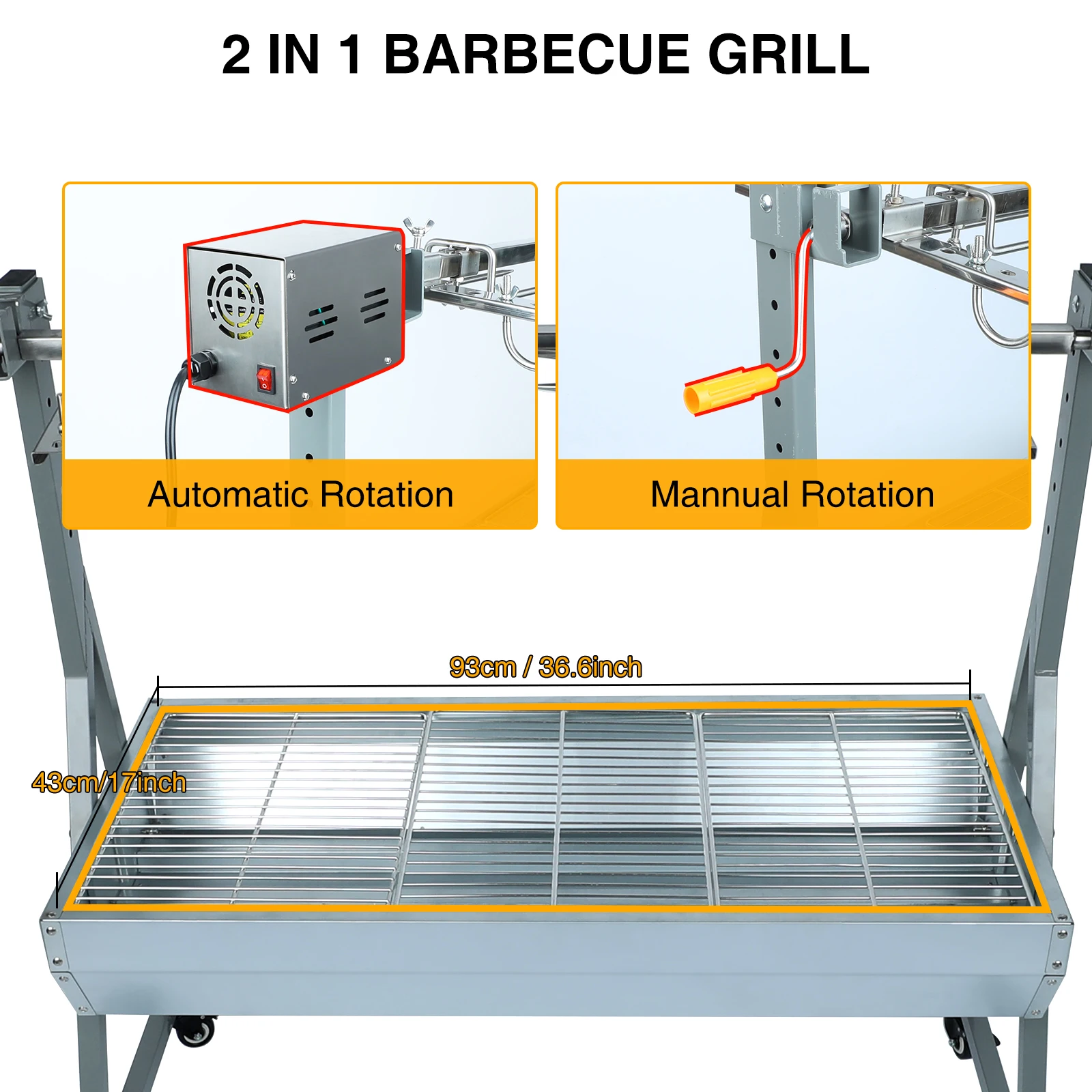 Rotisserie Grill Roaster, 132lbs Charcoal Grill Outdoor BBQ Grill Pig Lamb Spit Roaster with 25W Motor and Hand Crank 2