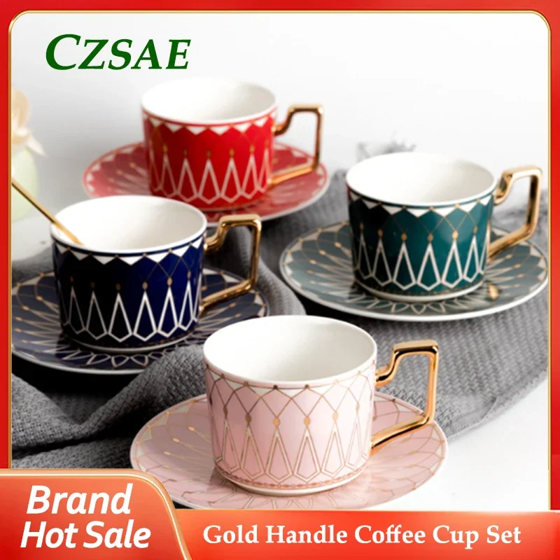 

British Palace Style Golden Handle Ceramic Coffee Cup Set Also Tray Stirring Spoon Cappuccino Afternoon Tea European Luxury Cups