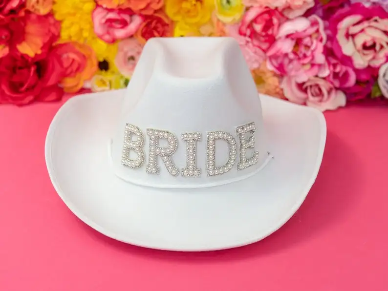 White Diamond Fringe Bride Cowgirl Hat Bride Hats Mrs. Cowboy Hat  Bridesmaid Gift Bridal Summer Country Western Hat