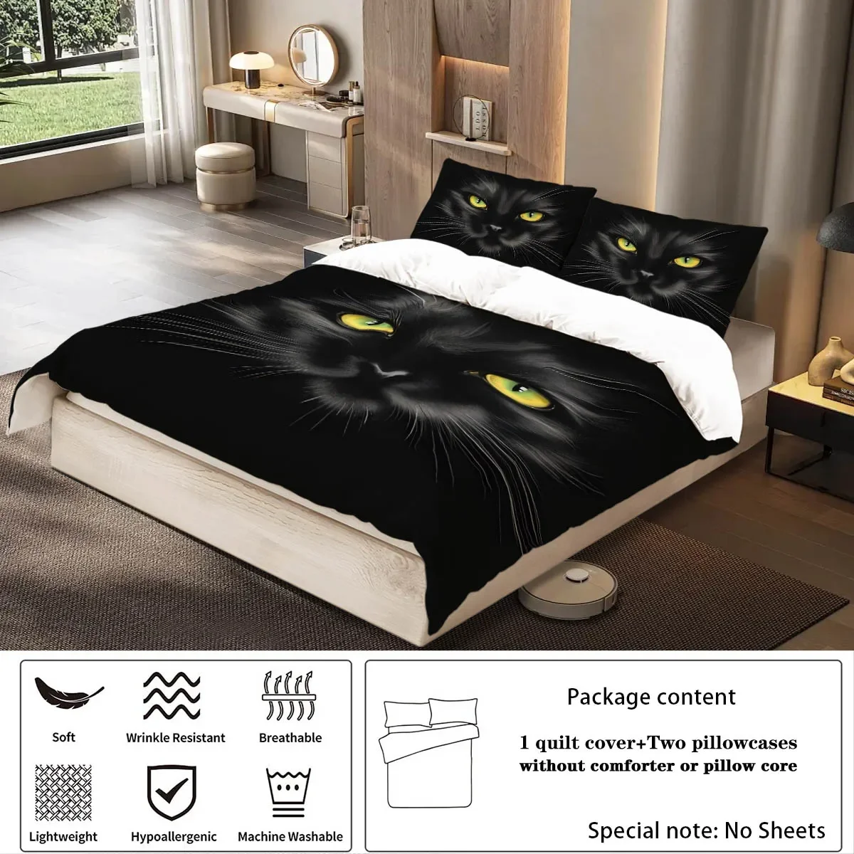 3pc Black Cat Printed Chipless Product Set for Bedrooms, Dormitories, Multiple Sizes, Soft and Comfortable, Machine Washable