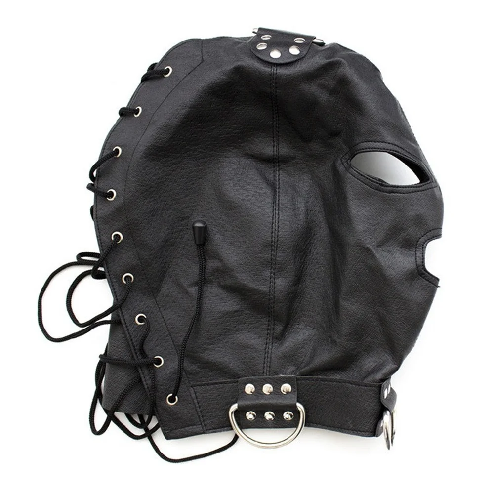 Maschera erotica SM con cappuccio in pelle, imbracatura per la testa, feticismo, occhi aperti e bocca, schiavo, parte del sesso_voghion.com