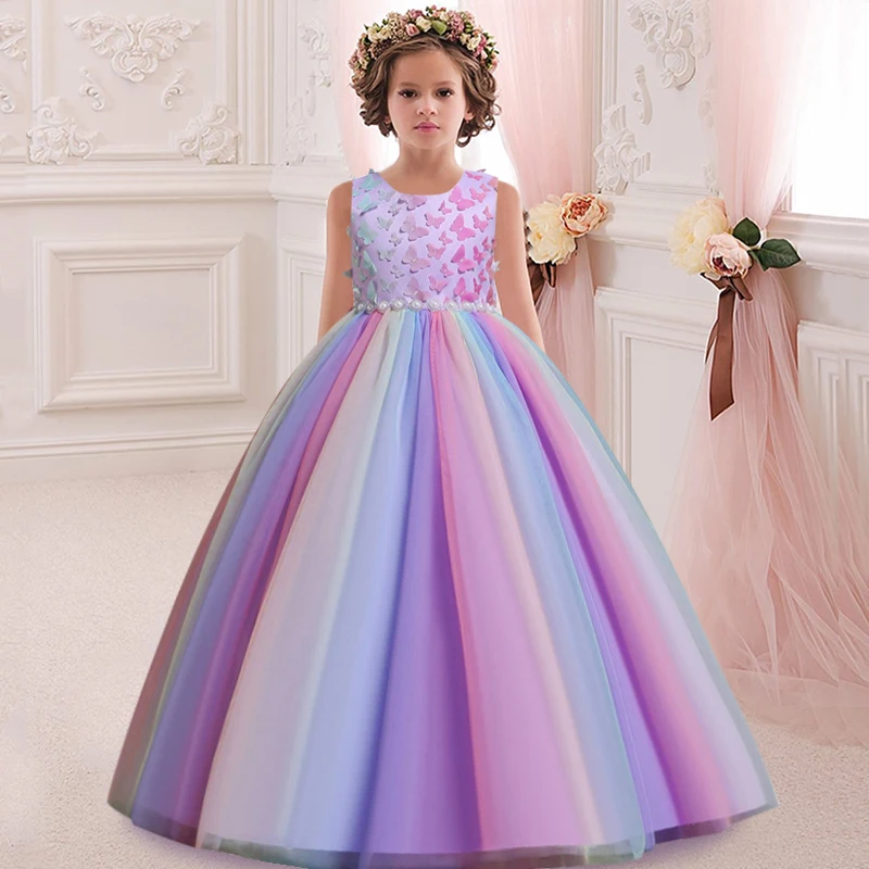 Girls Sleeveless Flower Girl Wedding Dress Petal Embroidery Long Dress Girls Dance Performance Model Walk Show Art Dress