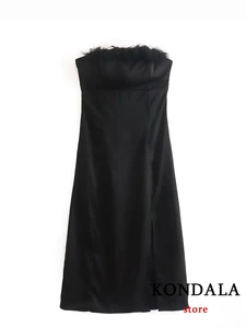 KONDALA Chic Sexy Solid Black Women Dress Strapless Zip 3D Decoration Feather Long Dress Fashion 2022 Party Y2K Eleagnt Vestidos