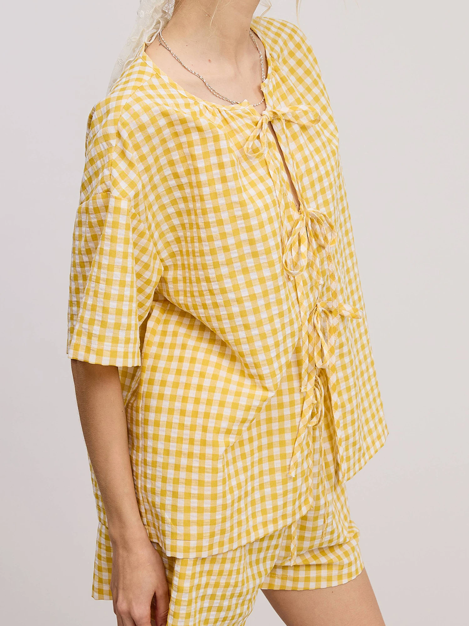 Women s Casual Summer Pajama Set with Short Sleeve O Neck Plaid Tops and Tie Front Shorts for Loungewear