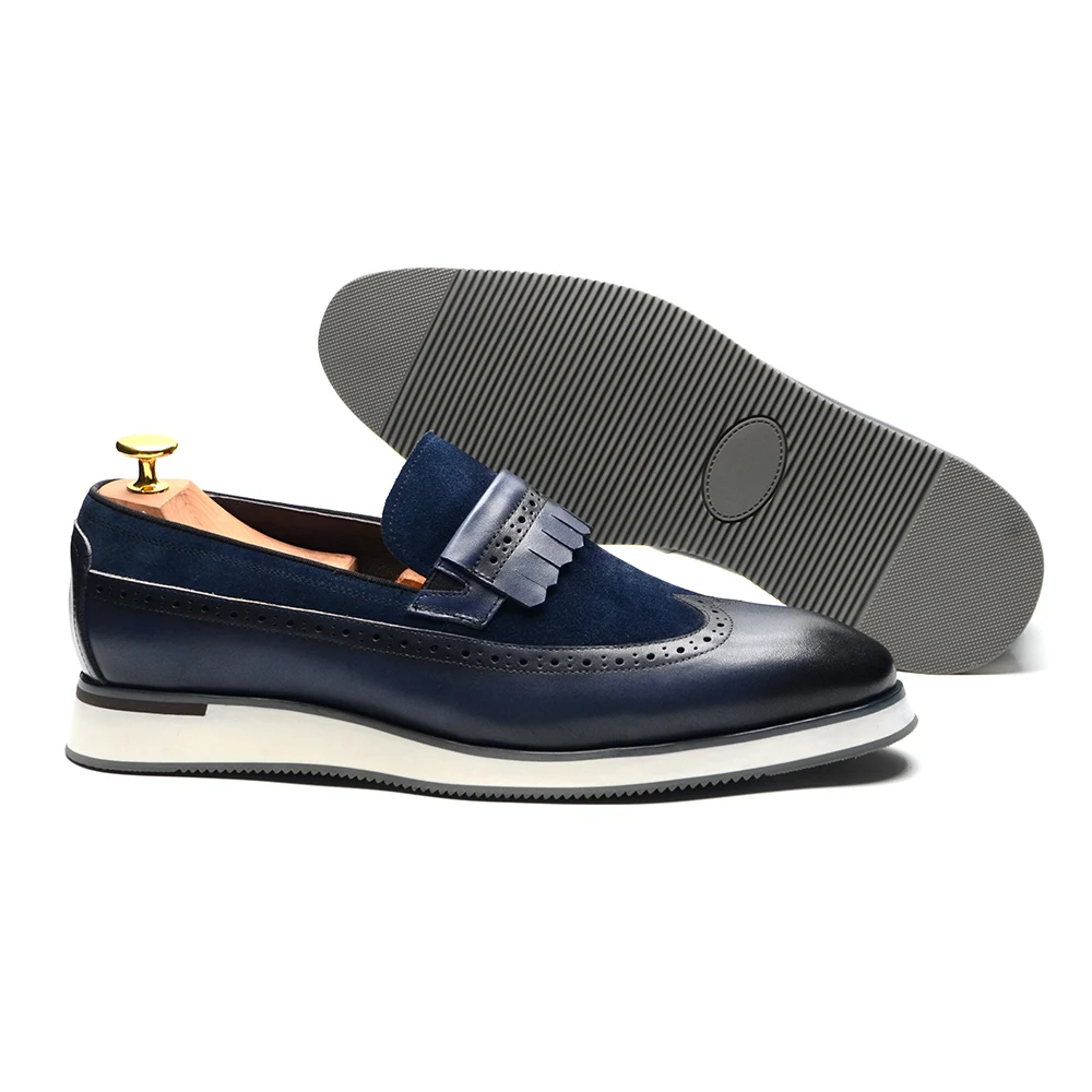 Luxury European Men's Sneakers Cow Suede Genuine Leather Wingtip Tassel Flat Loafer Business Office Slip-on Casual Shoes for Men