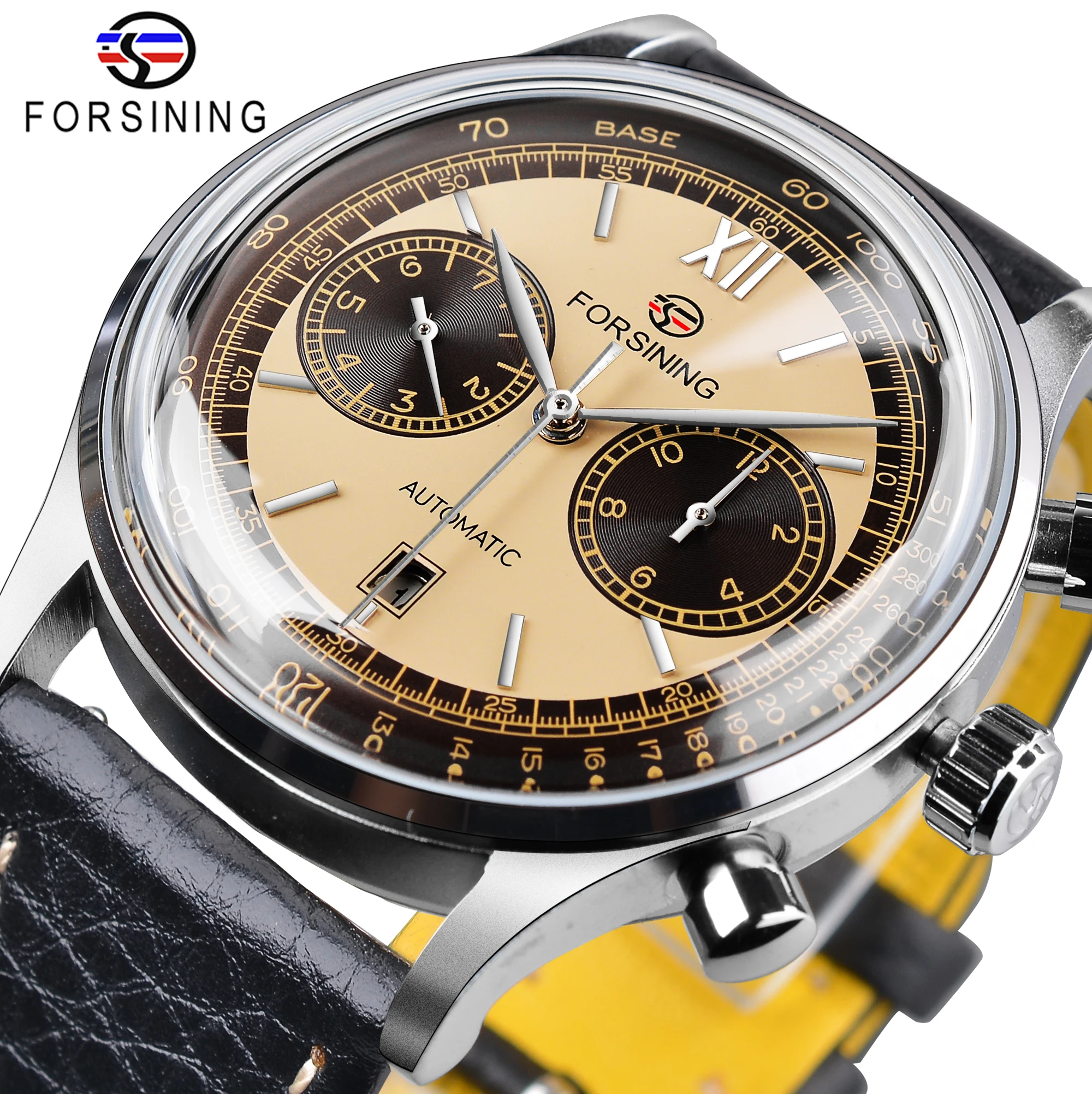 Forsining 2022 Classic Retro Concave Glass Calendar Two Dial Display Fashion ShangHai Movement Mens Mechanical Automatic Watches