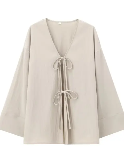 XNWMNZ Women's Fashion 2024 Texture V-neck Tie Kimono Shirt or Elastic Mid Waist Pants High Street Female Two Piece Set
