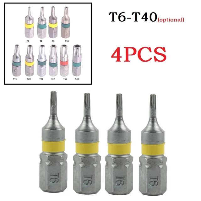 4Pcs 25mm T6-T40 Magnetic Torx Screwdriver Bits Set Electric Screwdriver Head T6 T8 T15 T20 T25 T27 T30 T35 T40 Hand Tool 2