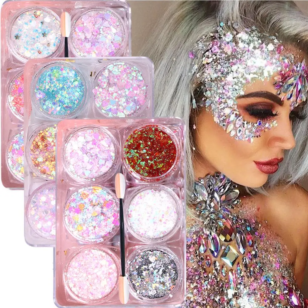 6pcs/set Body/Face/Eye Makeup Glitter Gel Star/Moon/Hexagon/Heart Nail Sequins Gel Loose Sequins Festival Makeup Decorations 6