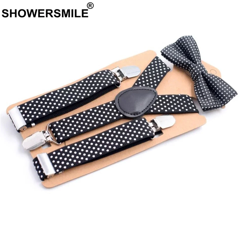 SHOWERSMILE Children Suspenders with Bow Tie Black Purple Polka Dot Trouser Brace for Boys Grils Wedding Fashion Suspenders Kids