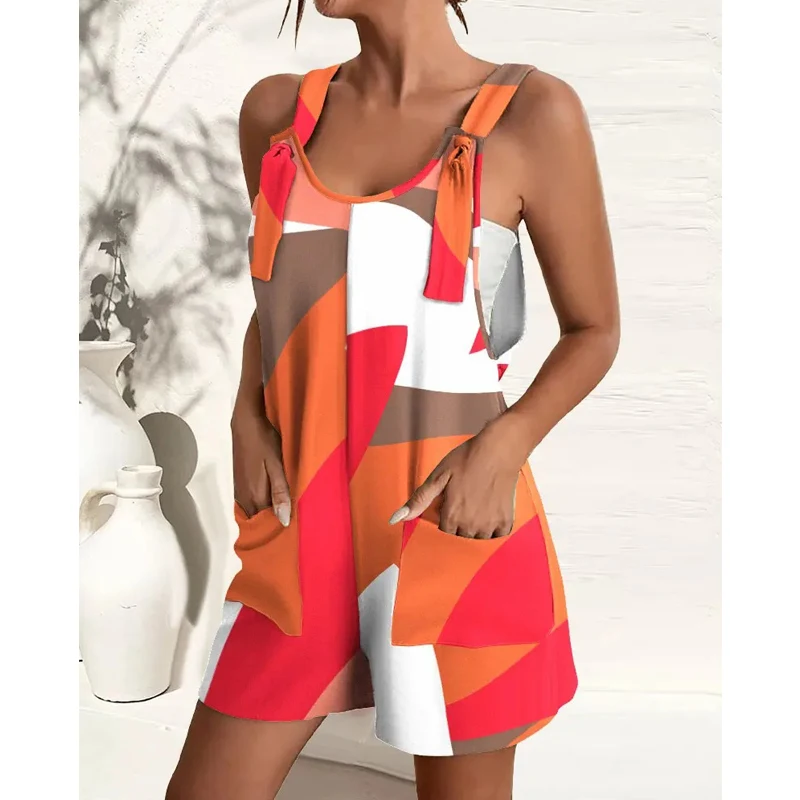 Women Y2K Casual Streetwear Loose Jumpsuit Shorts Summer Trendy Sexy Sleeveless Pockets Beach Romper Print Overalls Ropa Outfits