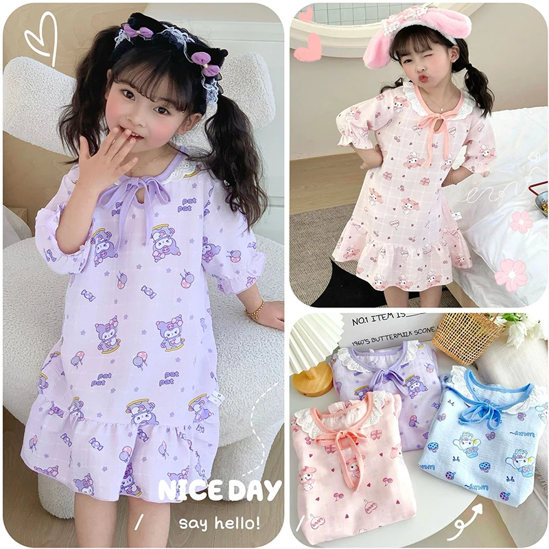 

2024 My Melody Girls Nightdress Sanrio Kawaii Anime Kuromi Cinnamoroll Dresses Summer Sweet Cute Cartoon Babys Clothes Kid Gift
