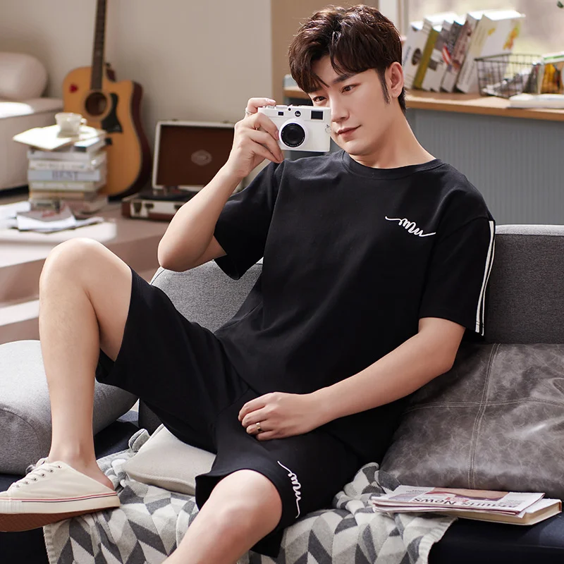 2022 New Summer Pajamas Men's Cotton Short Sleeved Shorts Spring And Autumn  Youth Large Size Home Clothes Can Be Worn Out