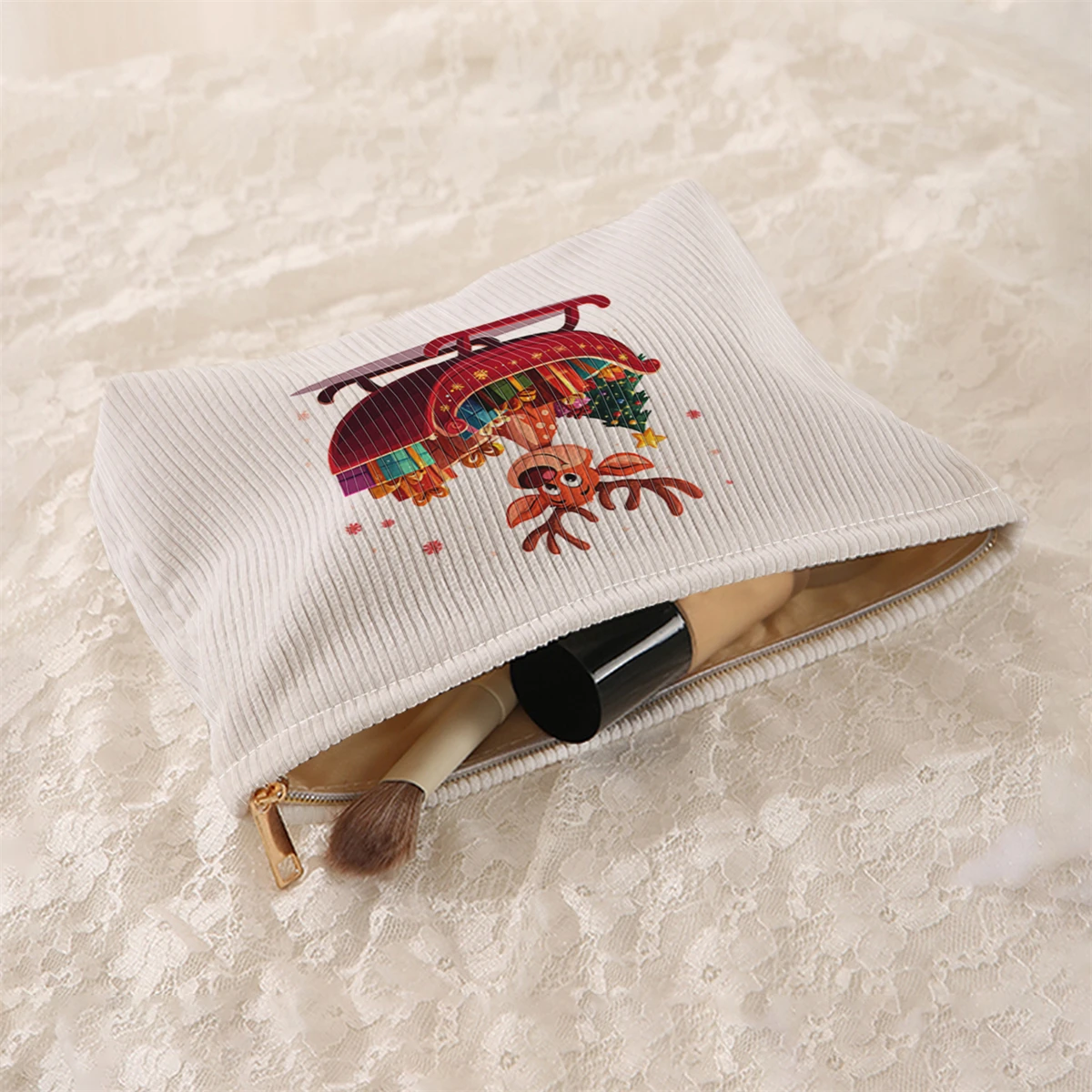 1 Christmas themed corduroy makeup bag, lightweight zipper makeup storage box, multifunctional bag with lining
