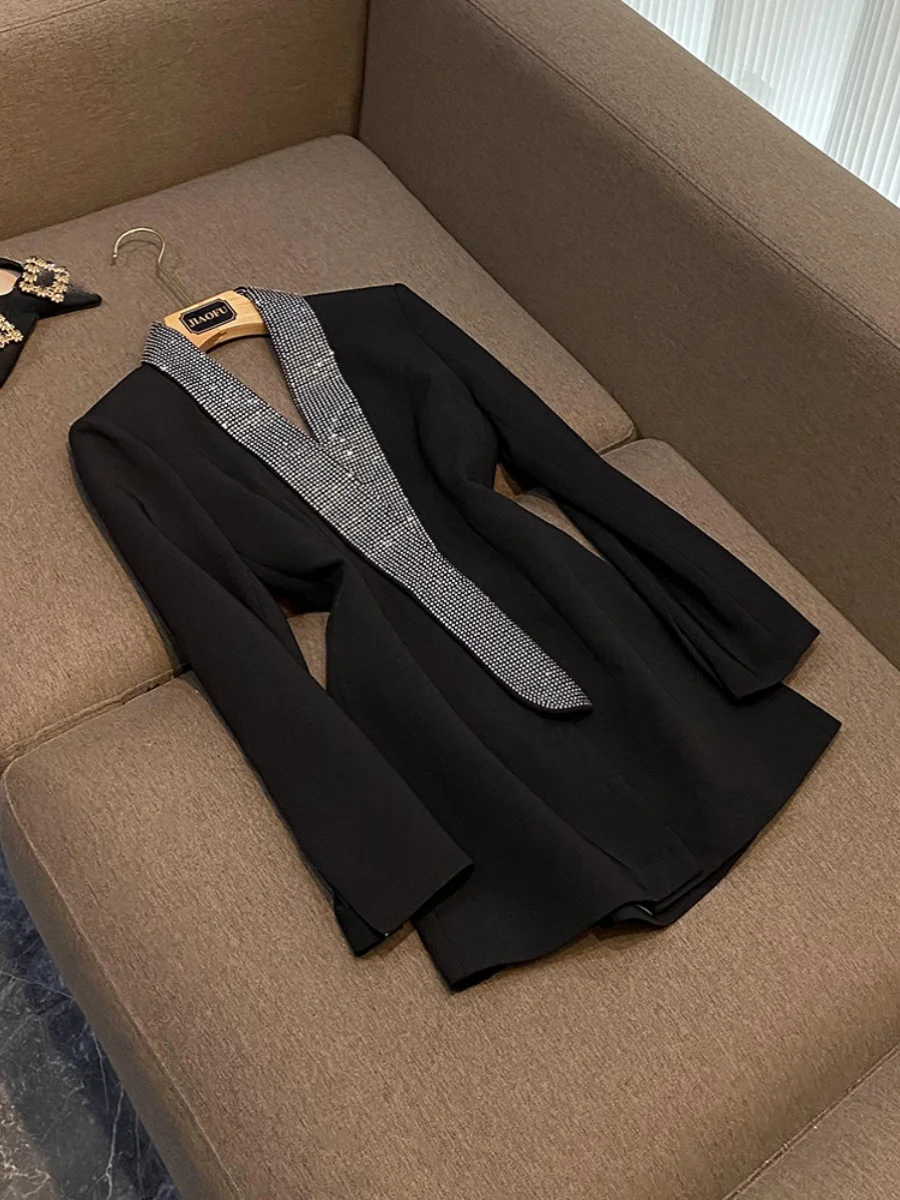 

Shinny Chic Rhinestone Shawl Collar High Street Backless Lady Office Casual Coat Women Long Sleeve Solid Blazer
