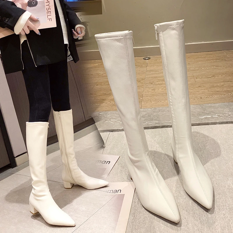 2023 Knee High Boots Women Fleece Chunky High Heels Back Zipper Thigh High  Boots PU Leather Shoes Fashion Winter Long Boots - AliExpress