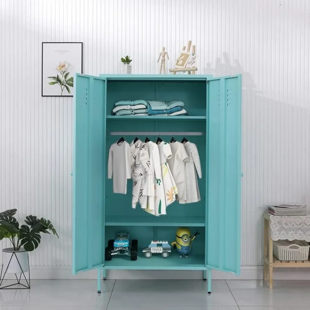 2 Magnetic Doors Steel Wardrobe Kids Closet Storage Accent Cabinet with Hanging Rod and 2 Laminate,Metal Children Tall Storage 5
