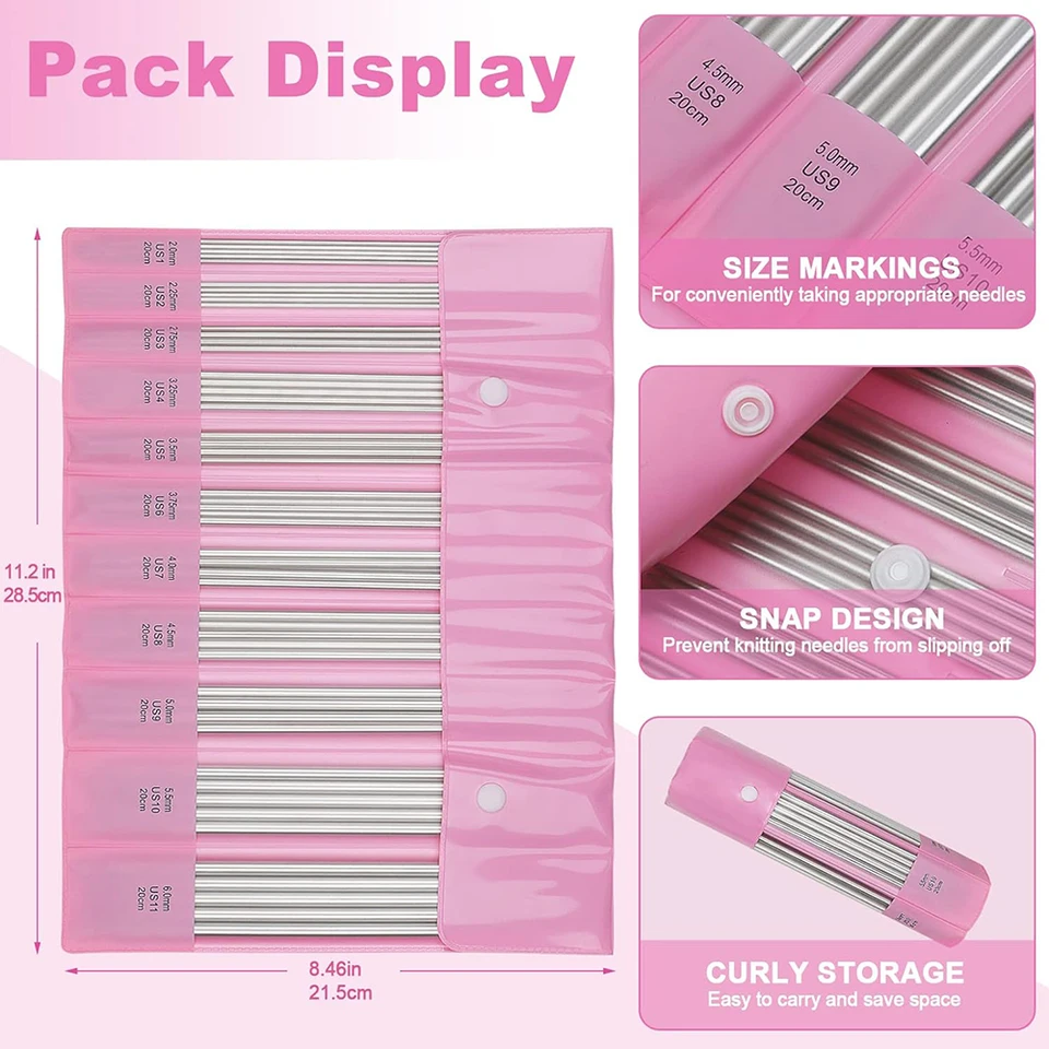 Set di ferri da maglia, 35 pezzi 20 cm in acciaio inox 2-5,0 mm ferri da maglia dritti a doppia punta, per maglieria, ferri da maglia