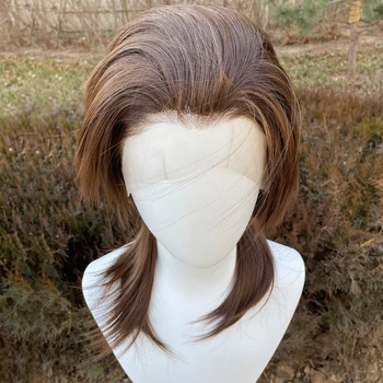 Parrucca anteriore in pizzo sintetico marrone chiaro 13x4 per le donne Cosplay lunghezza spalla triglia parrucche sintetiche strati code di cavallo parrucche senza colla