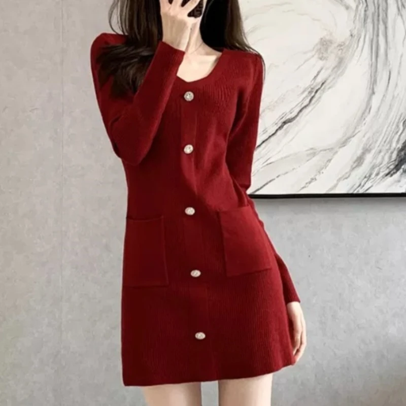 

Mini Knitted Dress Temperament Autumn Winter Korean Vintage Single Breasted Long Sleeve Dress Sexy Slim Sweater Dresses N803