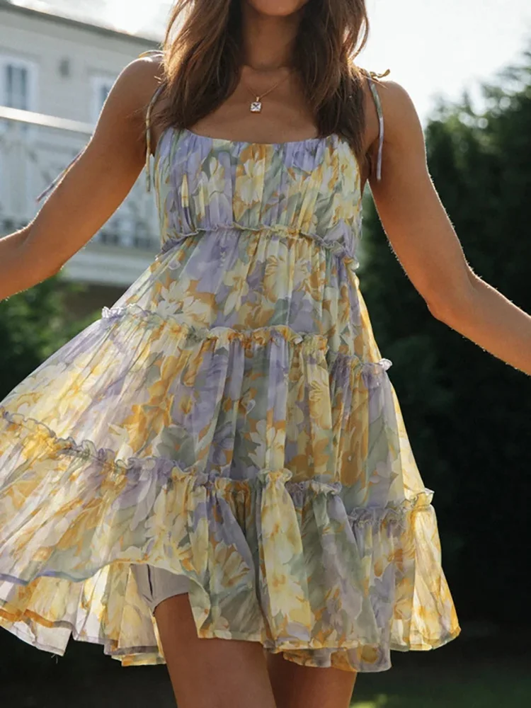 Sexy Pleated Straps A Line Lace Tulle Mini Skirt Summer Seaside Dress Party Dress Women Dress D1828 main image 0