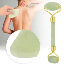 

2pcs Double Head Natural Stone Jade Roller Body Scraping Massager Tool Set Anti-aging Anti-wrinkle Face-lift Green Gua Sha Board