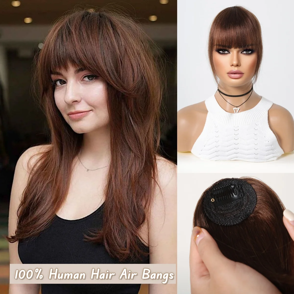 

Brown Human Hair Bangs OverHead Clip in Hair Extensions Blunt Cut Natural Hair Bangs Fringe Hairpieces for Women in Air Bangs