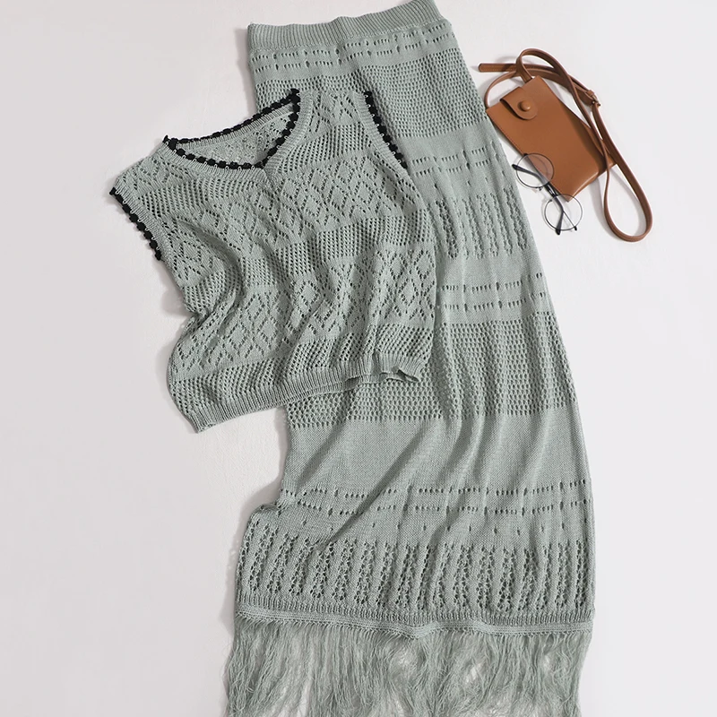 

Летний новый модный костюм высокого качества, Женский нишевой Топ без рукавов и с высокой талией и ажурной бахромой