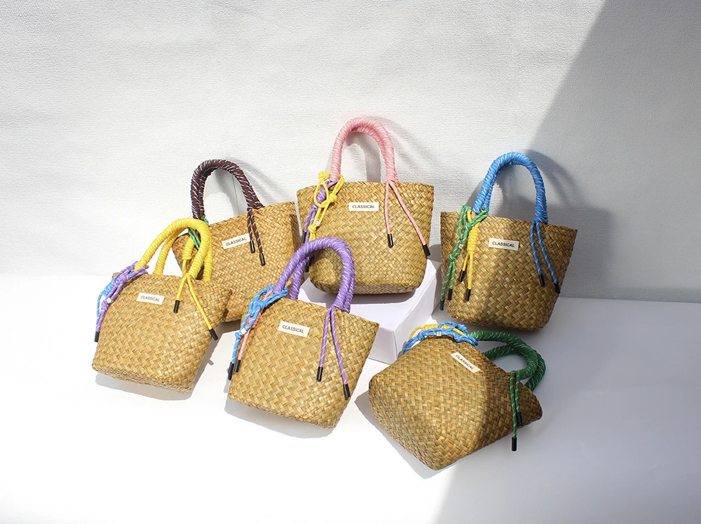 Handgefertigte Stroh-Einkaufstaschen mit Bunten Nylonseil-Tragegriffen, Frischhaltetüten, Sommer-Trend Strandtaschen – Detail 15