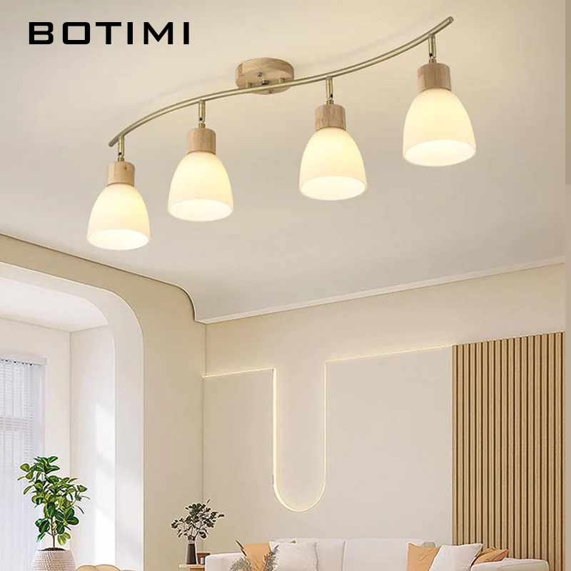 BOTIMI Adjustable Golden Metal Wave Shaped Wooden Ceiling Lights For Corridor Solid Wood Surface Mounted Dressing Room Lightings