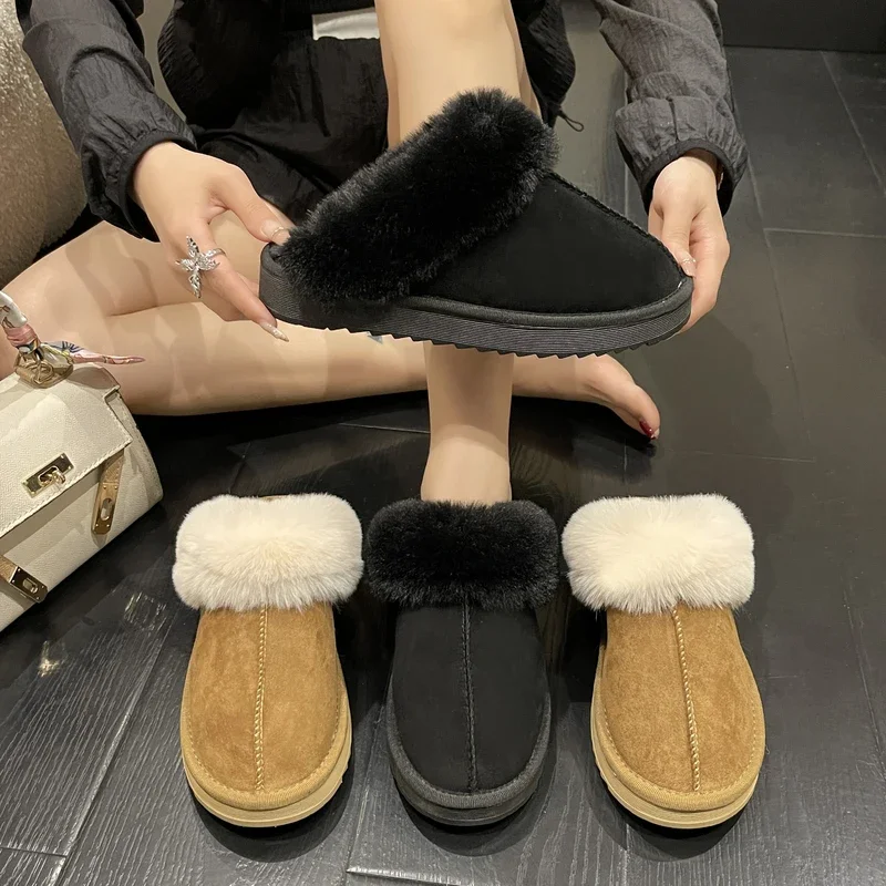 

Women Fur Slippers Flip Flops Winter Flats Short Plush Warm Cotton Shoes Casual Anti-slip Cotton Slippers Platform Suede Boots