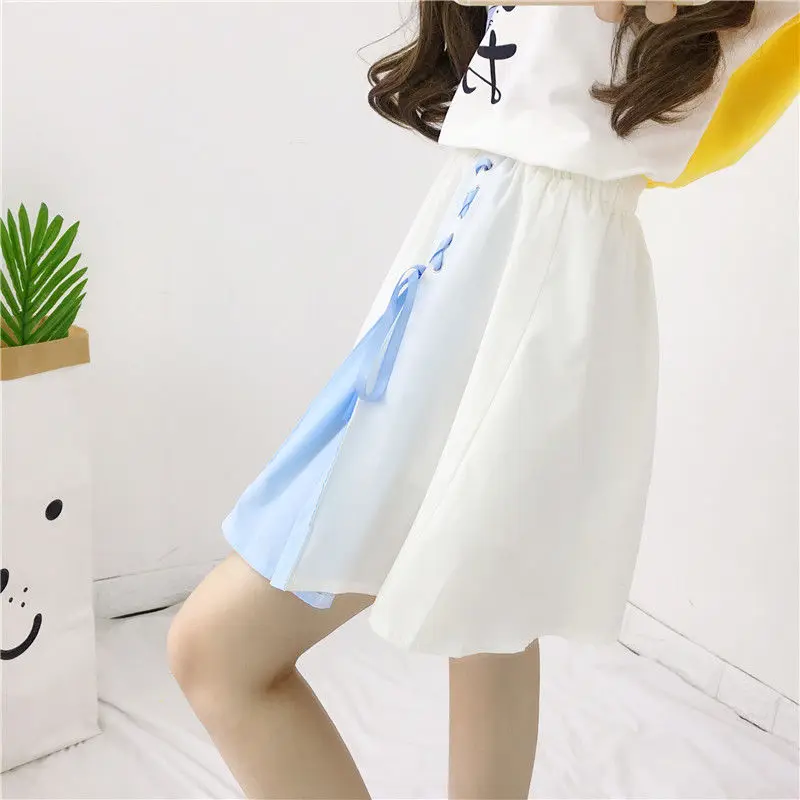 crop top with skirt Japanese Style Sweet Lacing Bow Women Skirts Korean High Waist A-Line Female Skirt Preppy Style Mini Faldas Mujer white denim skirt Skirts