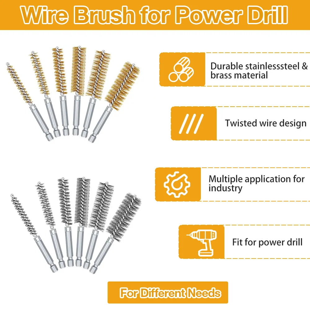 6Pcs Copper WireTube Cleaning Brush Set 1/4" Hex Bar Twisted Wire Hole Brush for Power Drill Impact Driver(8/10/12/15/17/19 mm)