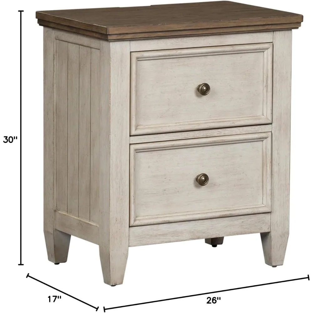 2 Drawer Nightstand Stand w/Charging Station, Antique White Nightstand 2