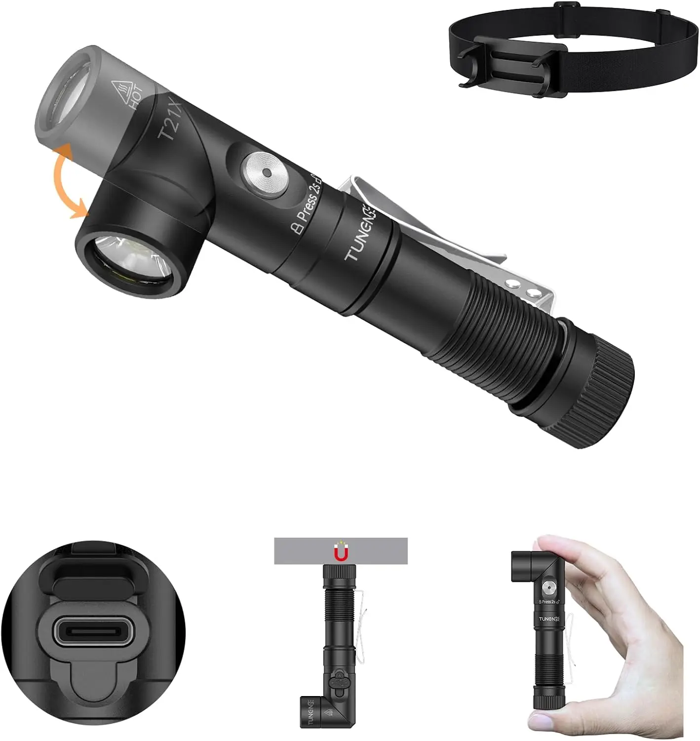 TUNENGE T21X 90 度ヘッドランプ懐中電灯、USB C 充電式 AA 懐中