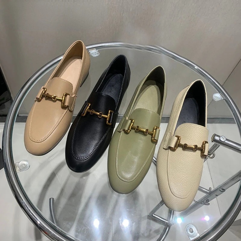 

2023 Autumn Fashion Women Genuine Leather Round Head Flat Loafers Solid Simple Casual Versatile Slip-On Shoes Female