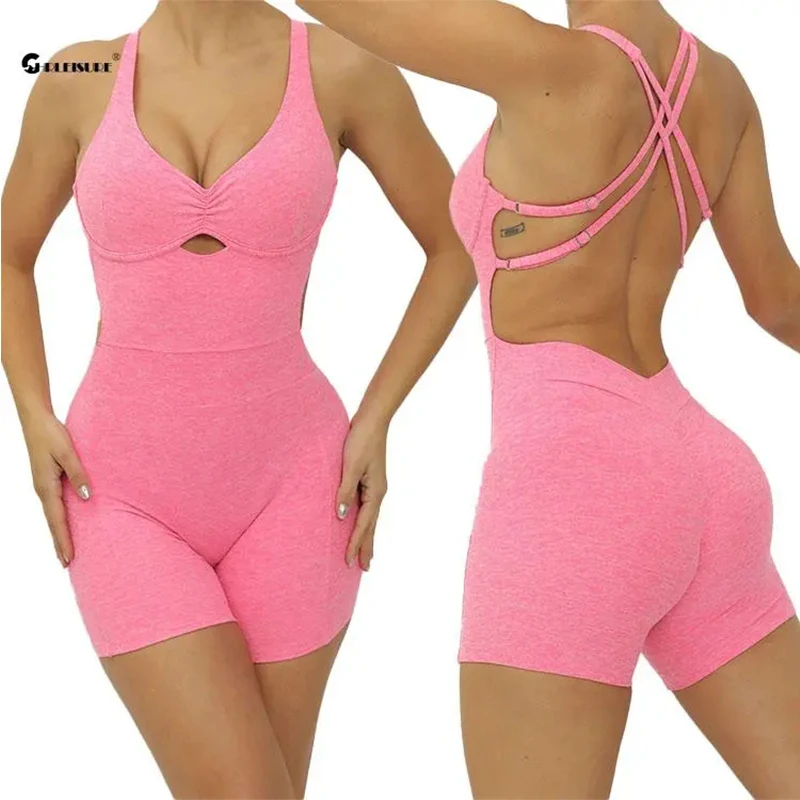 

CHRLEISURE Cross-Beautiful Back Sports Jumpsuit Adjustable Hollow Fitness Romper Sexy Butt Lift Workout Bodysuit 1PCS Yoga Suit