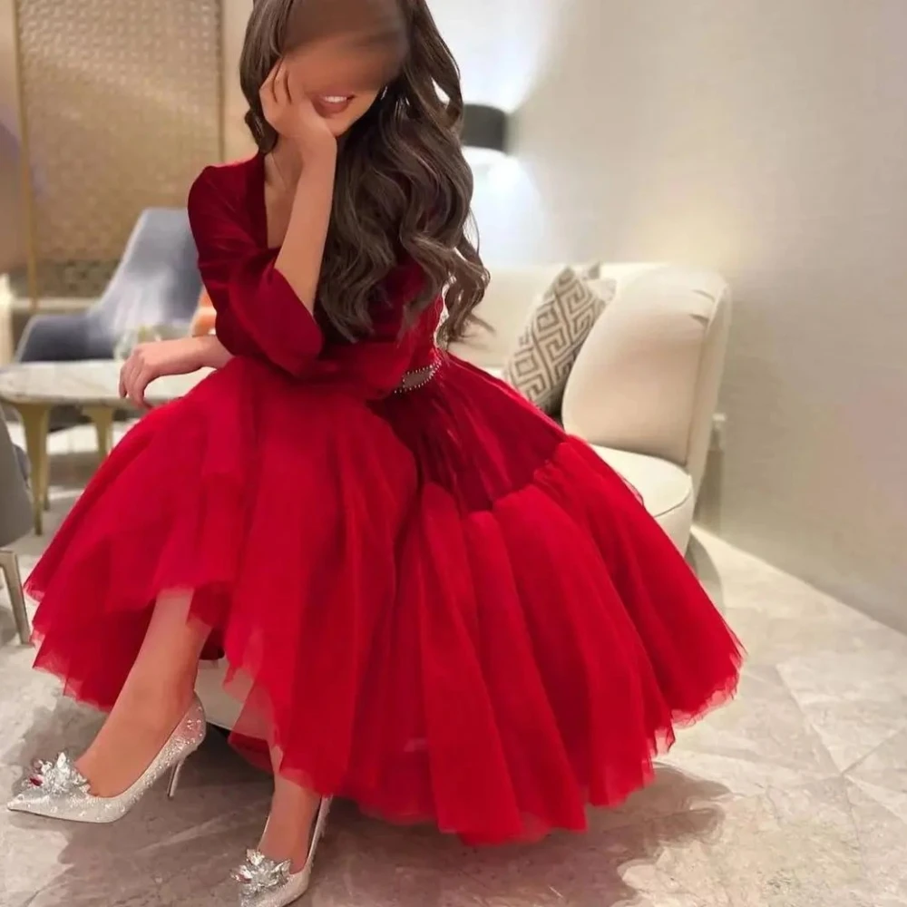 

Carolina Red Tulle A-Line Evening Dresses Women Saudi Arabia Long Sleeves Satin Elegant Wedding Guest Elegant Formal Party Gowns