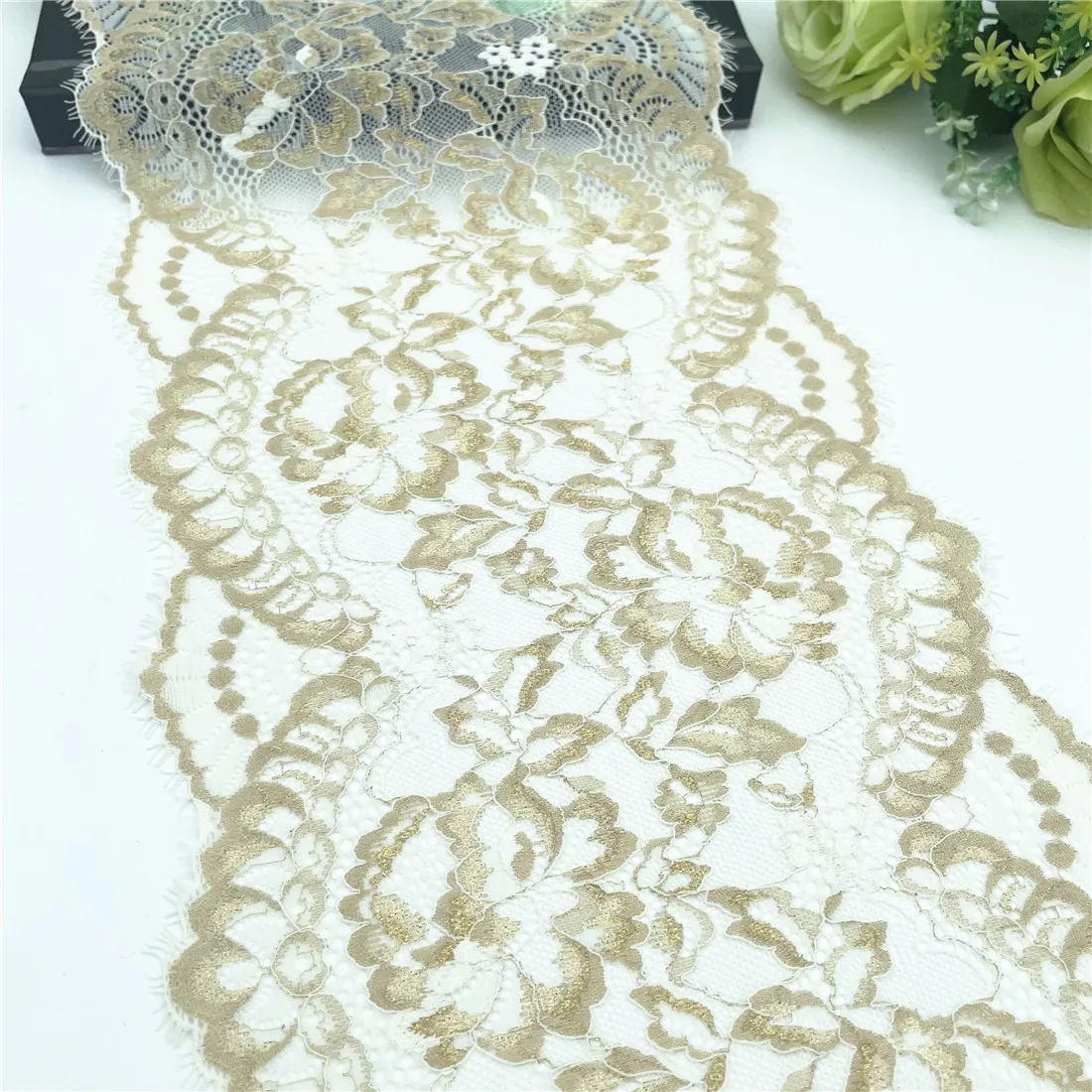 3y/lot Width 22.50cm Cream Golden Elastic Eyelash Lace Trim 6
