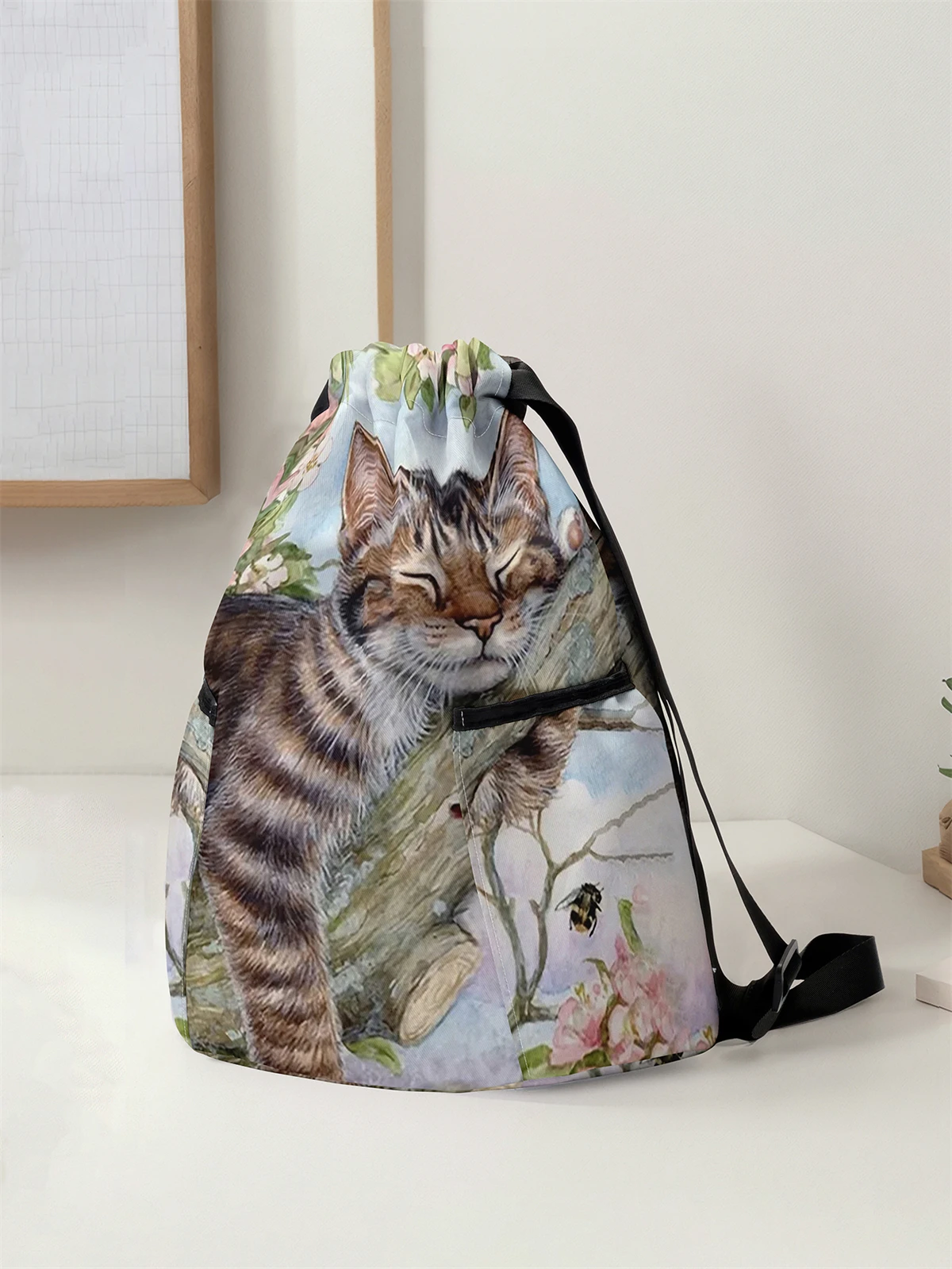 Cute Cat Pattern Printed Drawstring Backpack - Large Capacity Durable Fitness Bag, Sports Beach Backpack
