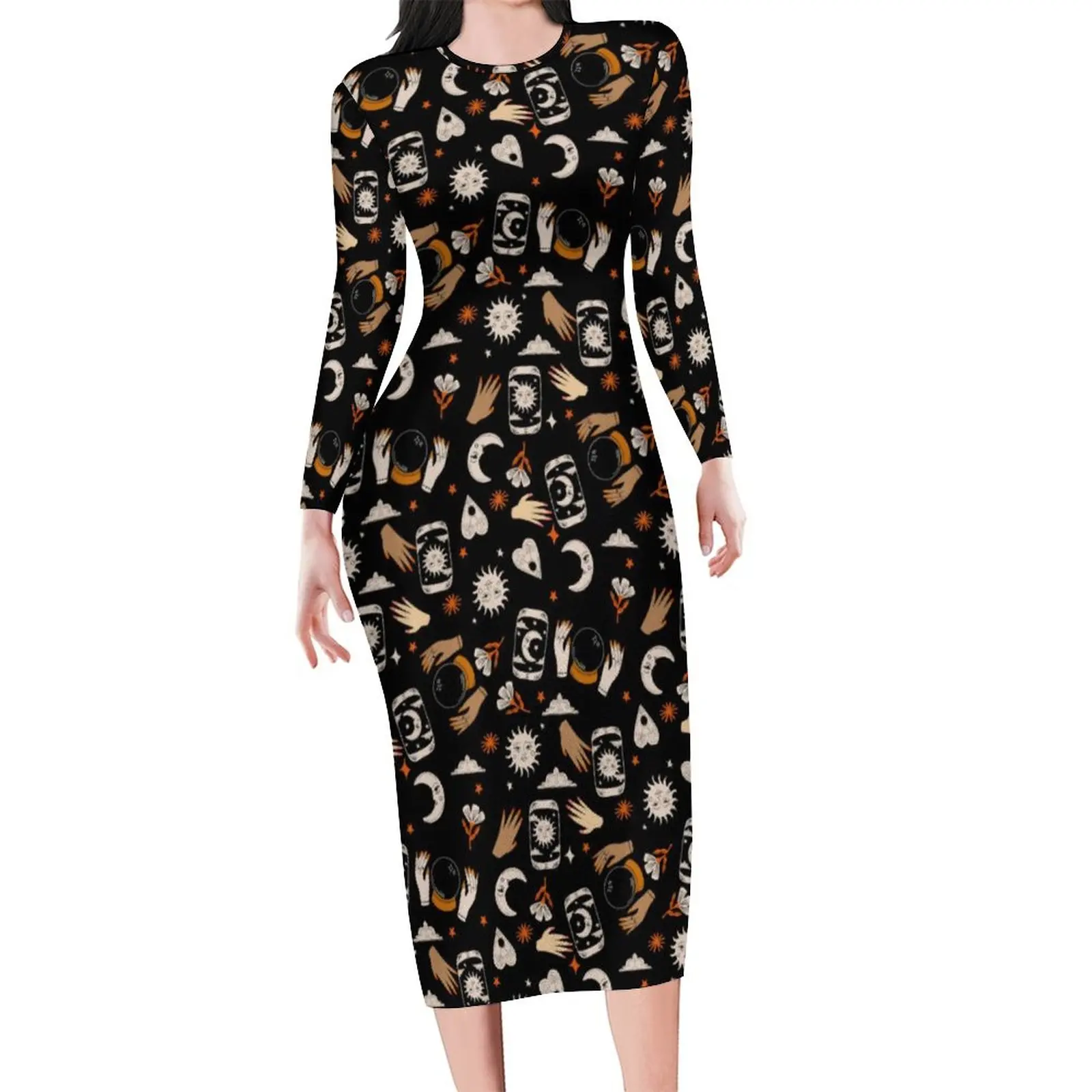 

Witch Halloween Bodycon Dress Autumn Moon And Sun Print Cute Dresses Women Long Sleeve Graphic Street Wear Dress 3XL 4XL 5XL