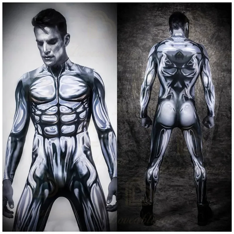 Costume Cosplay Muscolare Argento Stampato In 3D Zentai Surfer Suit Halloween Catsuit Superhero Body Adulti
