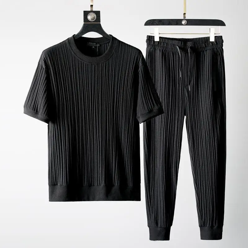 Summer Casual Suit Men's 2025 New Round Neck Elastic Breathable Pleated Short-sleeved Nine-point Pants Thin One Set S2a2f9a53fdb64e3b9a4b7fb98d8c8961i