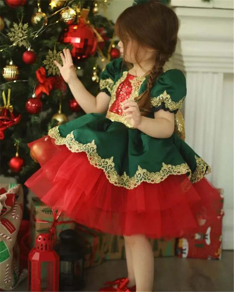 2023-christmas-dress-flower-girl-dress-kids-knee-length-lace-short-sleeves-puffy-tulle-with-gold-bow-gowns-princess-wear