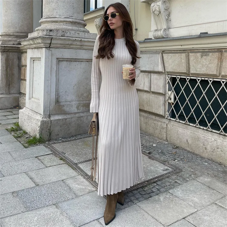 

Long Sleeved Round Neck Tight Knit Dress 2023 Woolen Pit Stripe Solid Color Bottom Swimming Cover Up For Ladies Saida De Praia