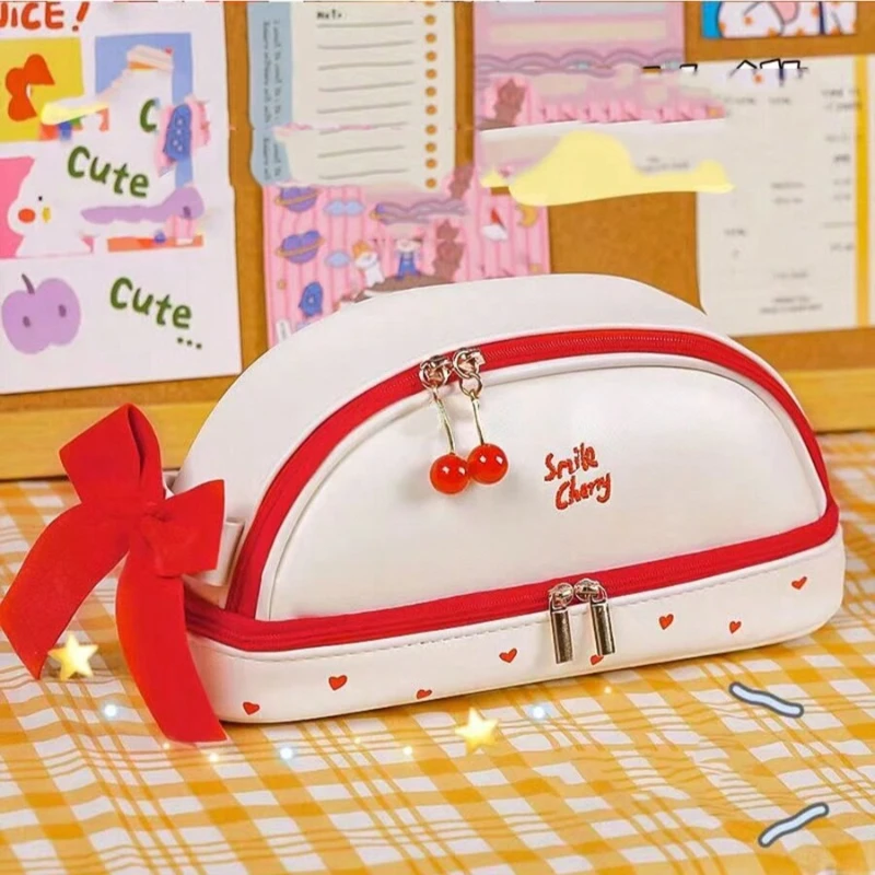 Cute Strawberry Love Pen Bag for Cool Girl PU Easy to Clean Butterfly Knot Stationery Storage Bag Birthday Gift Pen 1pc