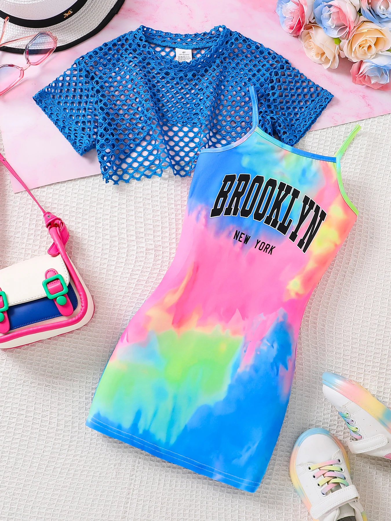 Sommer-Kinderset für Mädchen, atmungsaktives Mesh, kurz, restaurativ, schlankmachend, mikroelastisch, Spaghettiträger, kurzer Rock, zweiteiliges Set