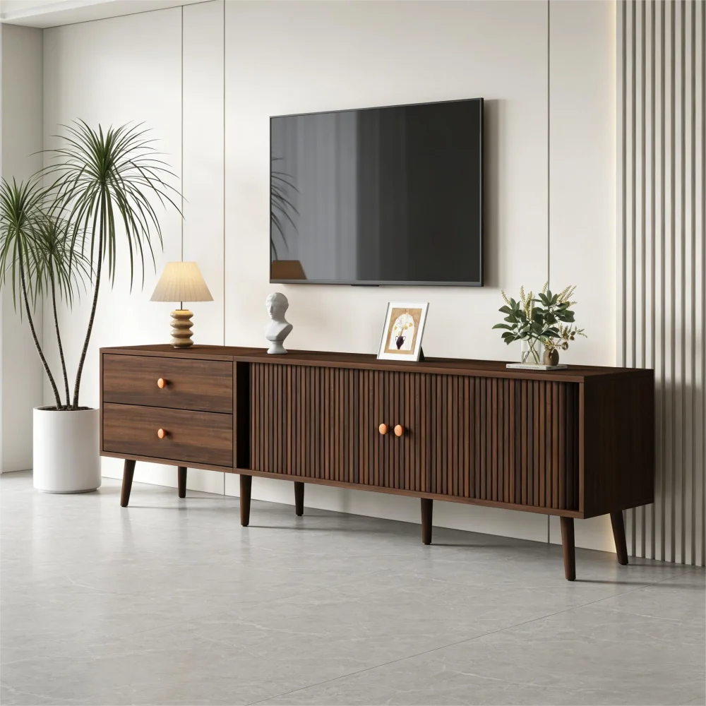 180x40x46,5cm TV-Schrank in Walnussholz-Optik, Fernsehständer mit 2 Schubladen, 2 Rolltüren und 7 Ständern, für Fernseher bis zu 80 Zoll – Detail 22
