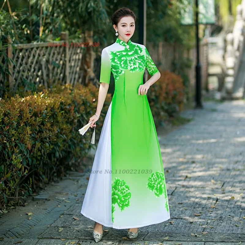 

2024 woman aodai dress vietnam traditional dress improved qipao national flower print cheongsam oriental banquet evening dress