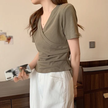 Elegant Cross V neck Slim T-shirt For Women Fashion Solid Slim Short Sleeve Tops Girly Summer Casual Versatile Pullover 4